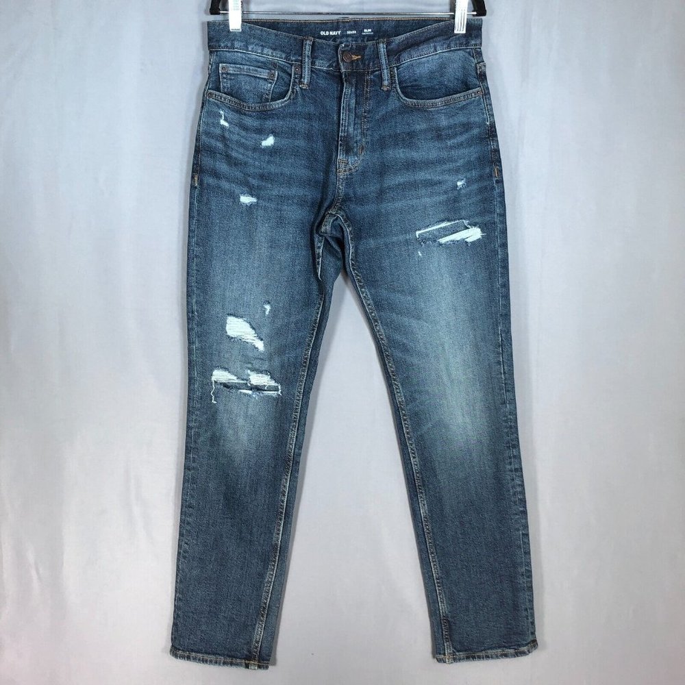 Old Navy Mens Jeans 32X32 Blue Slim Fit Distressed Ripped Built in Flex